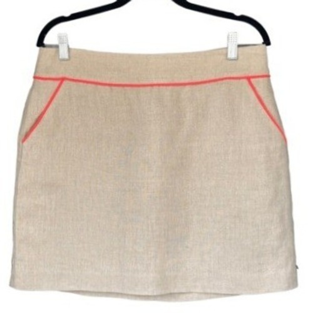 T7 Ann‎ Taylor LOFT Linen Skirt Neon Pink Trim A-Line Y2K Beige Mini Skirt 10